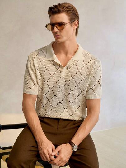 Manfinity CityGents Men's Hollow Out Half-Zip Casual Short Sleeve Knit Top Cream Top Men Men Buttoned Knitted Polo V Neck Sweater Short Sleeve Mens Men Knit Tops Men S Crochet Shirt,Summer