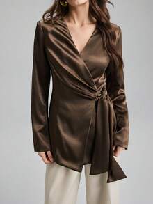 Ontre 2026 New Spring/Summer Women's Woven Fabric Tie-Up Design Asymmetric Loose Fit Brown Blazer Jacket, Suitable For Valentine's Day, Wedding Season, Independence Day, Urban Chic, Minimalist Fashion For Commuting - Brown - View 5