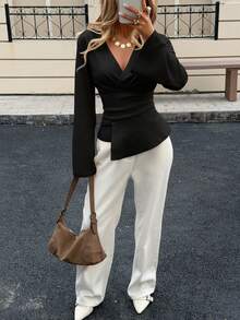 Siren Gaze Deep V Pleated Long Sleeve Fitted Women's T-Shirt, Fashionable Commuter Waist Pleated Asymmetric Hem Flare Sleeve V-Neck Ladies Top, Autumn/Winter Blouse, Elegant Pleated Women's Top - Black - View 4