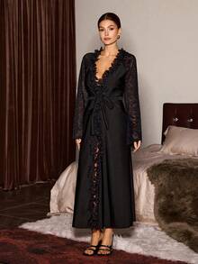 SHEIN Women's Long Robe With 3D Leaf Floral Contrast Lace Wide Sleeves - Black - View 4