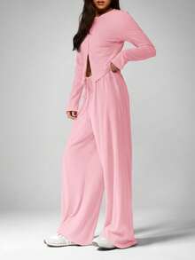 MISSGUIDED Soft Touch Two Piece Coordinating Set Long Sleeve Cardigan With Wide Leg Drawstring Pants Loungewear - Pink - View 5