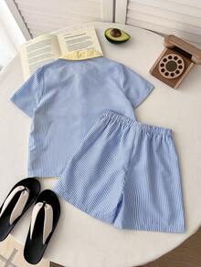 SHEIN 男童夏季休闲撞色条纹衬衫短裤套装 - 彩色 - 查看 2