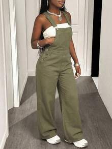 Slaydiva 女士宽松纯色斜插口袋休闲牛仔背带裤 - 軍綠色 - 查看 5