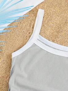 SHEIN Sparklyn Tween Girls' Casual Fitted Contrast Color Camisole,Grey Summer Knitted Ribbed Spaghetti Strap Top,City Break Versatile Style Kids All-Match Cami - Light Grey - View 4