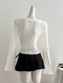 Sweetra 女士性感万圣节服装、感恩节上衣、新年服装，适合春季、秋季、冬季、派对、通勤、日常、旅行、假日穿着，女士性感白色修身V领荷叶边开衫 - 白色 - 查看 2