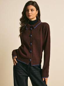 Poéselle 女士时尚休闲撞色纽扣饰边开衫 - 棕色 - 查看 4