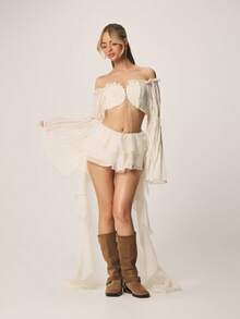 MISSGUIDED Bohemian Ruffle Layered Mini Skirt With Flowing Maxi Overlay And Lace Up Detail For Festival Season - Apricot - View 3