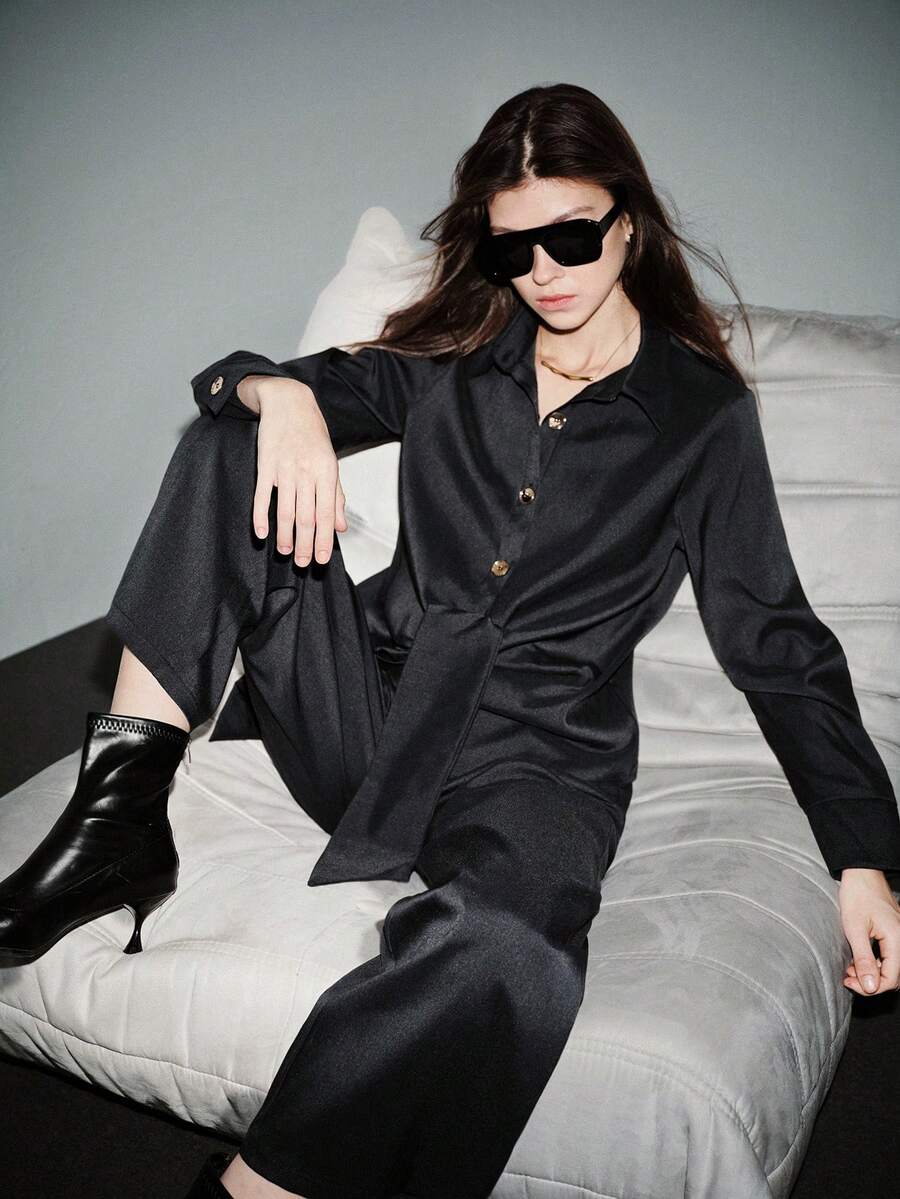 Lumivelle 女士经典领结衬衫+高腰垂褶阔腿裤套装（2件套），休闲精致的办公室着装，春秋季 - 藏蓝色 - 查看 1