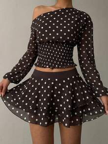 Aloruh Women's Retro Polka Dot Spicy Oblique Shoulder Fitted Long Sleeve Shirt + Multi-Layer Ruffle Hem Skirt 2 Pieces Set - Brown - View 6