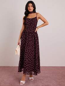 Enchnt Spring/Summer Romantic Women's Brown Polka Dot Print Sleeveless Dress With Neck Ribbon,Sweet&Elegant For Vacation&Date&Holiday&Going Out&Valentine's Day,Spring Outfit Women - Burgundy - View 6