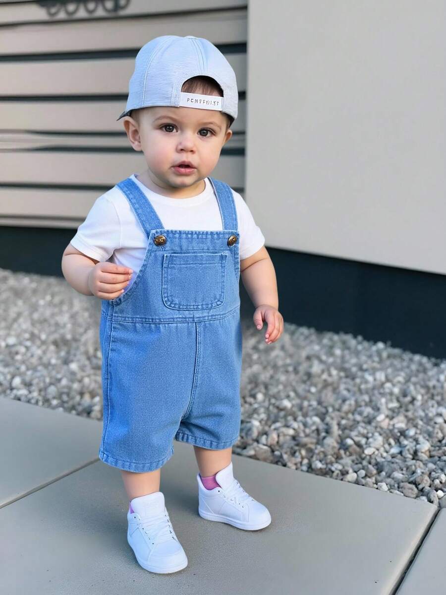 SHEIN TaviRue Baby Boys' Bib Overalls Shorts With Pockets, Comfortable & Versatile, Suitable For Spring/Summer - Blue - View 1