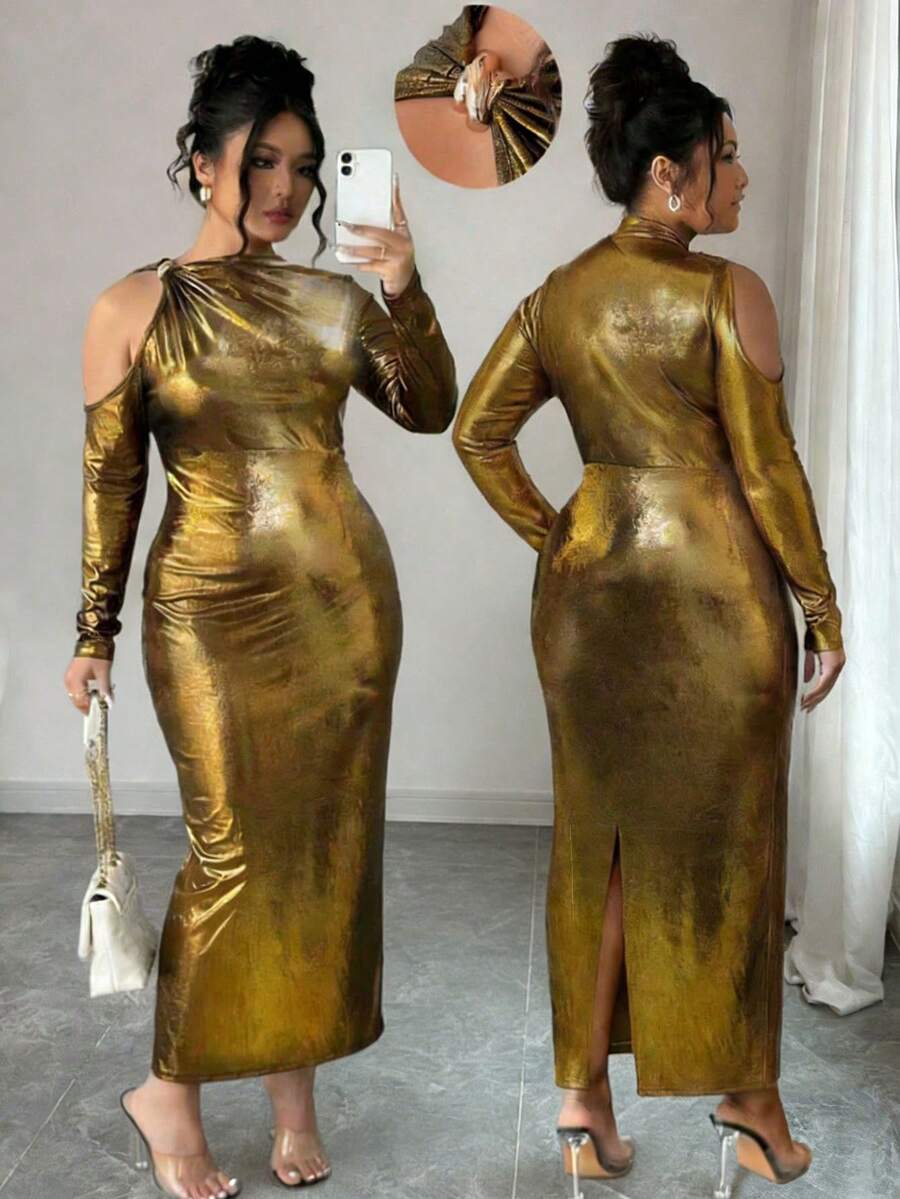 Elenzga Vestido elegante de unicolor y diseño de corte calado, de alta gama, talla grande - Dorado - Ver 1