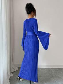 Elenzga 优雅通勤纯色喇叭袖连衣裙 - 寶藍色 - 查看 2