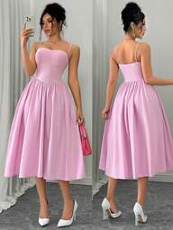 Rafferiza Classic Fit Sleeveless Ruched Waist Flared Hem Pink Dress For Women, Suitable For Dating, Party, Autumn/Winter