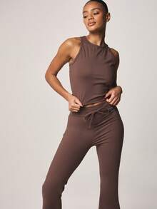 MISSGUIDED Ribbed Tank Crop Top With High Waisted Flared Pants Two Piece Lounge Set Matching Outfit Casual Sleeveless Fitted Coordinated Co-Ord - Coffee Brown - View 4