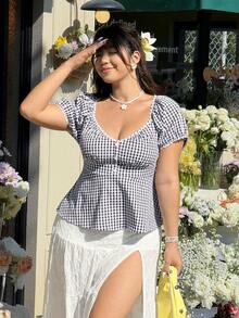 SHEIN EZwear 大码女式格子纽扣设计短泡泡袖可爱上衣 - 黑與白 - 查看 3