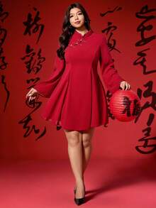 Vionelle Plus Size Chinese Element Button Decor Short A-Line Sleeve Dress, Christmas & New Year Dresses For Women Red Red Long Sleeve Dress Lantern Sleeve Dress Red Casual Dress Red Plus Size Dress Chinese New Year Chinese New Year Chinese Style Dress