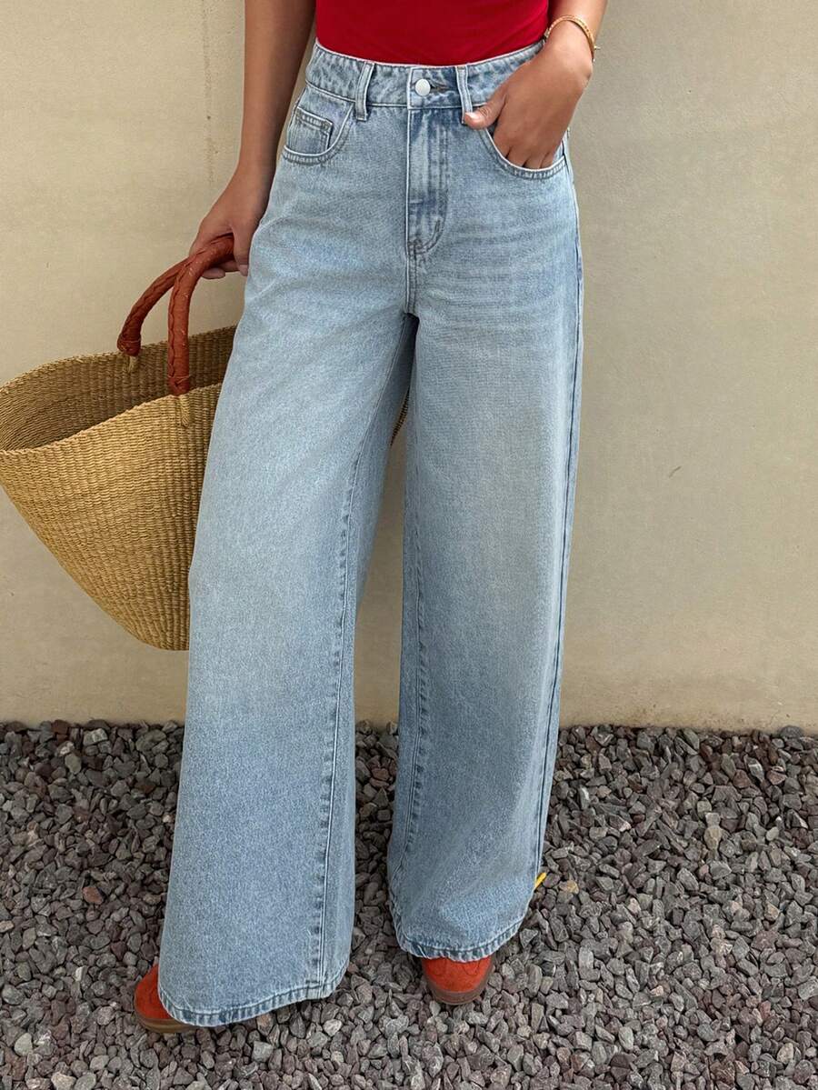 DAZY Women's Regular Waist Loose Slant Pocket Casual Straight Leg Pants - Light Wash - View 1