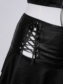 3pcs Fashionable Eyelet Strap Ribbon Tie Sexy Lingerie Set - Black - View 6