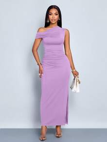 SOLERSUN 女士春夏纯色简约日常约会优雅派对不对称斜肩修身长裙 - 淡紫色 - 查看 3