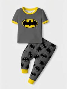 BATMAN X SHEIN Baby Boy Casual Snug Fit Bat Print Short Sleeve Top And Long Pants Pajama Set, Spring/Summer/Autumn - Multicolor - View 2