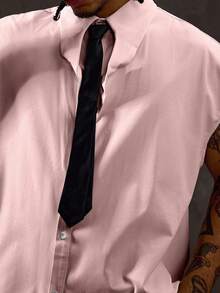 ROMWE MEN Street Life 男士领带领纽扣前襟休闲短袖衬衫，粉色 - 粉色 - 查看 2