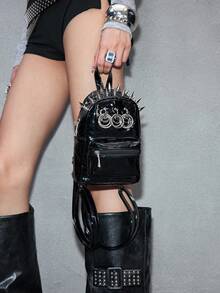 ROMWE Grunge Punk Punk Rivet Tassel Pleated Crossbody Bag, Y2K Subculture Gothic Black Shoulder Handbag For Women - Black - View 5