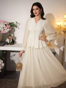 Modelyn 两件套优雅孔雀印花雪纺泡泡袖褶皱摆裙套装 - 杏色 - 查看 5