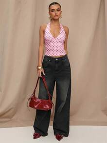 SHEIN BAE Top casual à col ras-du-cou imprimé de pois noirs, convient pour le brunch, les sorties, les rendez-vous, les trajets, les tenues de croisière, les tenues d'Ibiza - Rose bonbon - Voir 5