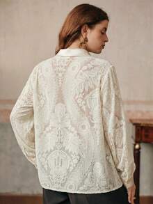 Anewsta Camisa holgada de mujer de talla grande con diseño de quemado de terciopelo, retro y casual, adecuada para otoño, invierno, salir, elegante, formal, chic, Año Nuevo, Navidad, graduación, boda, atuendo de negocios, casual - Albaricoque - Ver 7