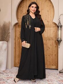 Al Najma Plus Size Women V-Neck Tassel Decor Casual Daily Wear Long Sleeve Arabic Robe - Black - View 5