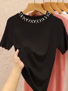 Franclia Camiseta de manga corta casual de mujer con decoración de tachuelas, verano