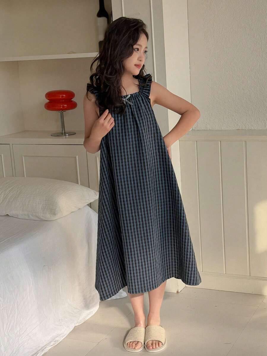 DAZY 少女甜美撞色蝴蝶结装饰A字无袖荷叶边睡裙家居服夏季 - 藏蓝色 - 查看 1