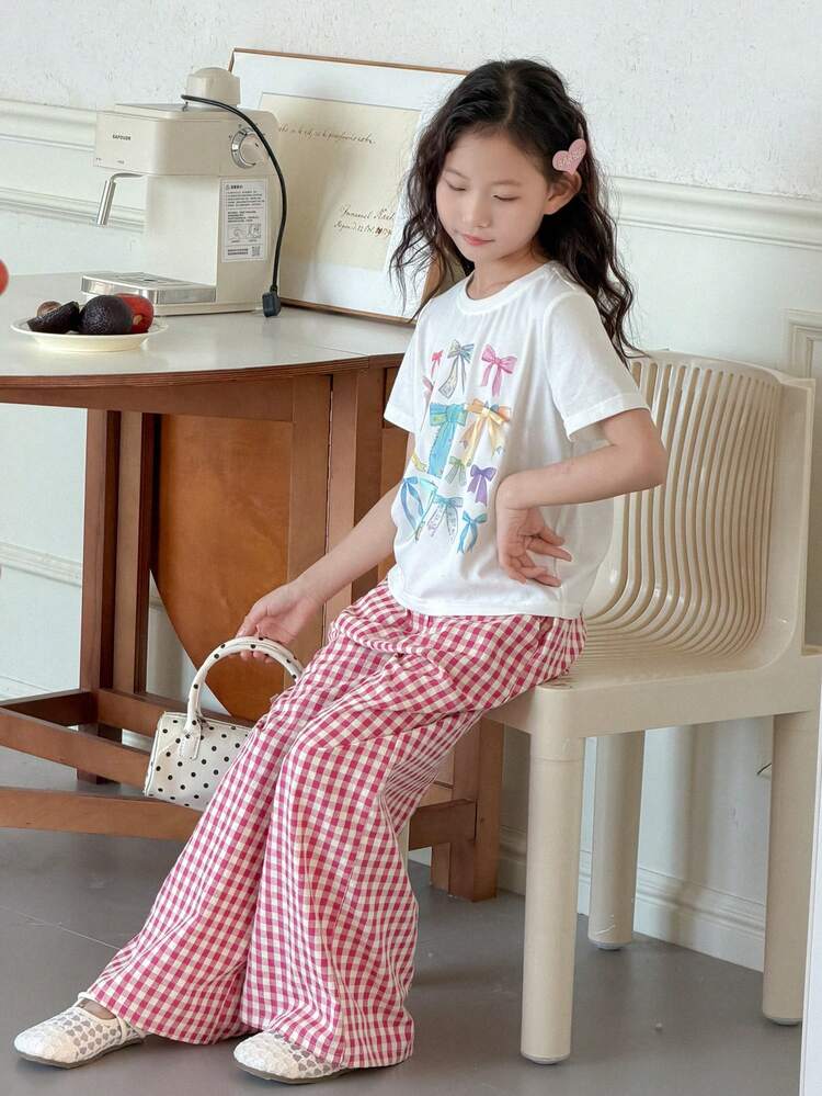 Tween Girls' Casual Everyday Commute Butterfly Print Short Sleeve T-Shirt And Plaid Print Wide Leg Pants Set, Spring/Summer/Autumn