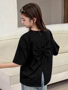 DAZY Tween Girl Plain Round Neck Backless Split Casual Short Sleeve T-Shirt - Black - View 1