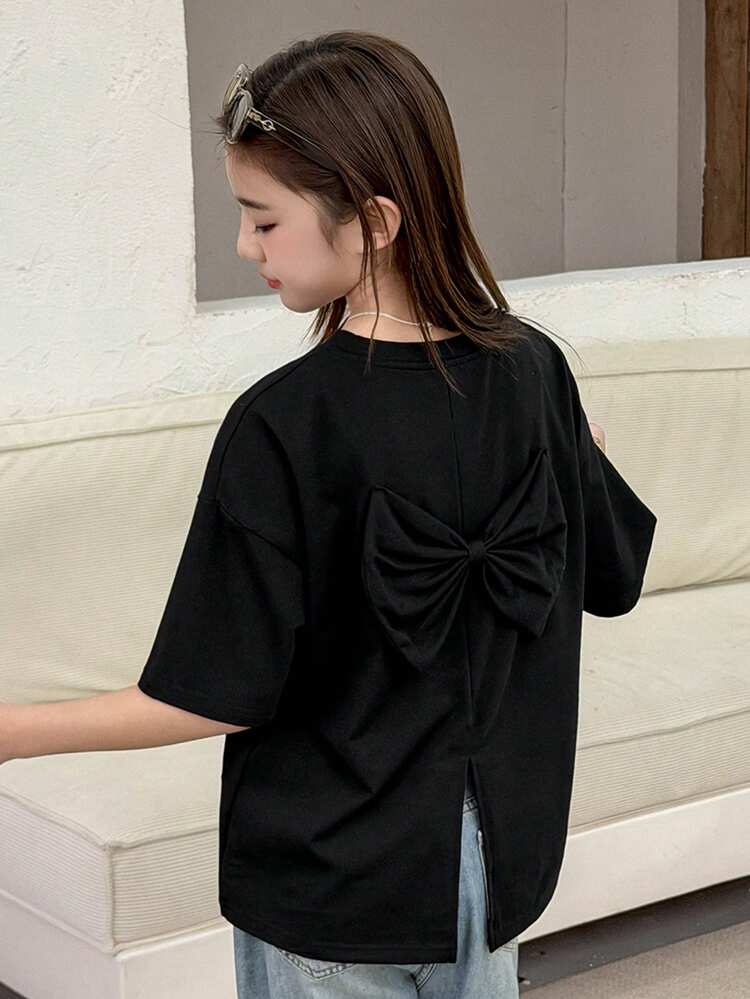Tween Girl Plain Round Neck Backless Split Casual Short Sleeve T-Shirt Summer