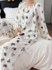 DAZY Conjunto de pijama feminino com estampa floral e mangas bufantes. - Branco - Ver 7