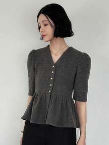 FRIFUL Kaos Wanita Polos dengan Lipit dan Rumbai di Bagian Bawah, Serbaguna untuk Musim Semi & Musim Panas - Grey - View 3