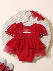 SHEIN Newborn Girl Red Lace Romper Photography Outfits With Bow Headband Baby Photography Outfits Valentine's Clothes Newborn Lace Photography Outfit Baby Girls Photography Sets Newborn Red Dress Red Headband Baby Newborn Baby Girl Clothes Newborn Photography Outfit Baby Girl Photography Sets - Red - View 6