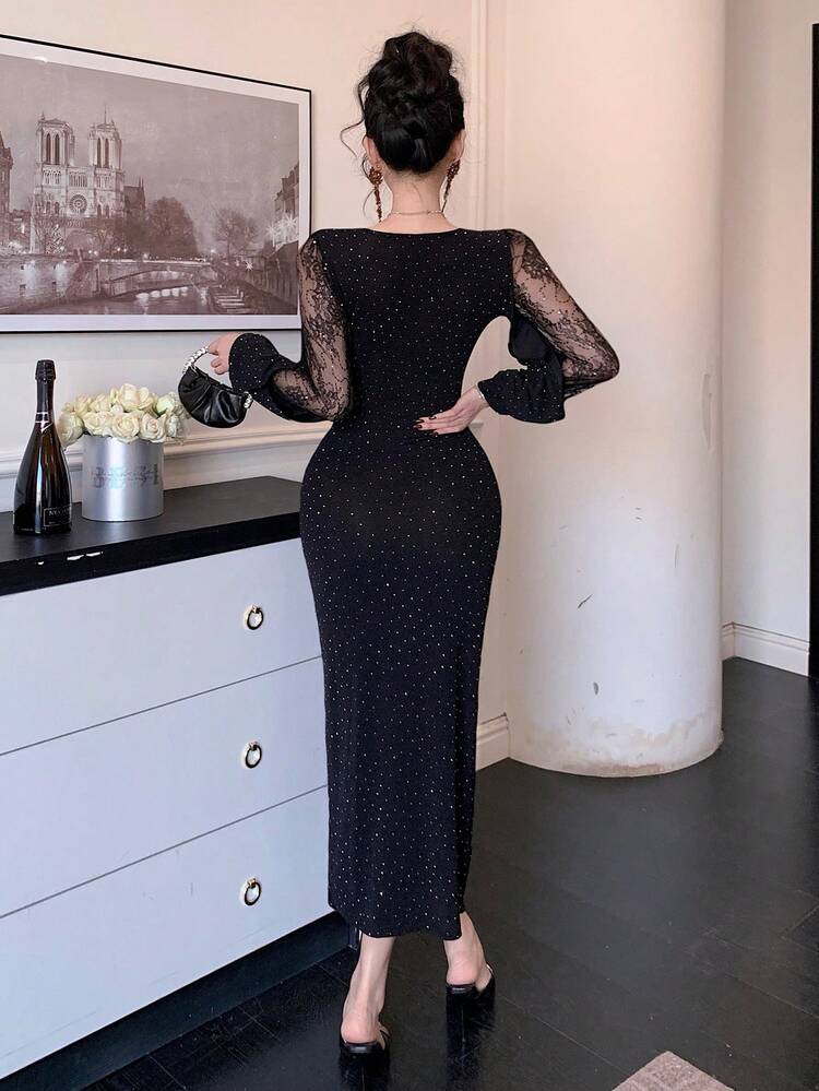 Pleated Long Dress, Sexy & Elegant Rhinestone Embellished Dress For Women Sparkly Dress Sundress