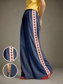 Elnivra Preppy Style Y2K Women's New Retro Grey Blue Wide Leg Drawstring Pants, Elastic Waist Loose High Waist Pants With Heart Woven Belt, Collegiate & Hip Hop Style Sweatpants Wide Pants Palazzo Pants Women Wide Leg Pants Woman Loose Pants - Blue - View 3