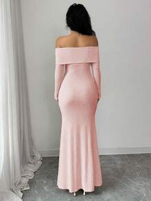 Rafferiza 优雅时尚露肩长袖连衣裙，饰有不对称金属扣，双层领口，鱼尾下摆，纹理针织面料，秋冬季米色 - 粉色 - 查看 2