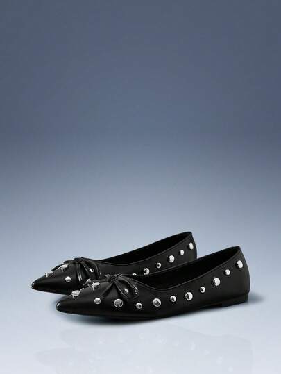 CUCCOO GRLICON Women's Studded Bow Decor Pointed Toe Shoes Valentine's Day