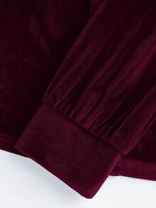 GlowEve Women's Velvet Ruffle Collar Daily Commute Fashion French Street Retro Versatile Holiday Business Light Blue Long Sleeve Shirt, Autumn/Winter - Burgundy - View 3