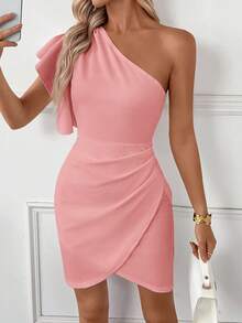 Miaspire Women's Elegant Solid Color Wrap Around Sleeveless Mini Dress, Summer Vacation Outfit For Women Spring Sunmmer One Shoulder Dress One Sleeve Dress - Dusty Pink - View 3