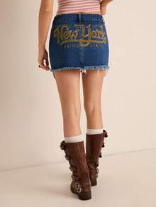 Easelle Chân váy ngắn denim nữ thời trang thường ngày, phong cách đường phố sành điệu, thêu chữ, gấu rách, thích hợp cho mùa hè. - Màu xanh lam - Xem 1