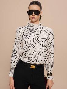 Leighera Blus Wanita Lengan Panjang Bergaris dengan Kerah Ruffle, Atasan Motif Hewan, Blus Leher Ruffle, Blus Elegan - Aprikot - View 2