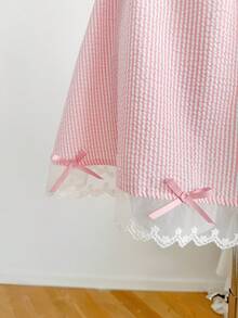 Comfortcana Chân váy chữ A nữ kiểu dáng thường ngày dễ thương, họa tiết sọc, trang trí nơ, thêu họa tiết và viền lưới, thích hợp cho mùa hè. - Hồng - Xem 6