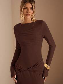 SHEIN BAE 杏色长袖针织褶皱腰部扭结下摆直筒连衣裙，优雅连衣裙，约会连衣裙，伴娘连衣裙，生日派对连衣裙，杏色连衣裙，秋冬季叠穿连衣裙 - 棕色 - 查看 5