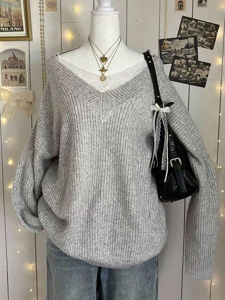 Lalippa Áo len dệt kim dáng rộng cổ chữ V trơn màu đơn giản dành cho nữ, Thu/Đông - Màu Xám nhạt - Xem 1